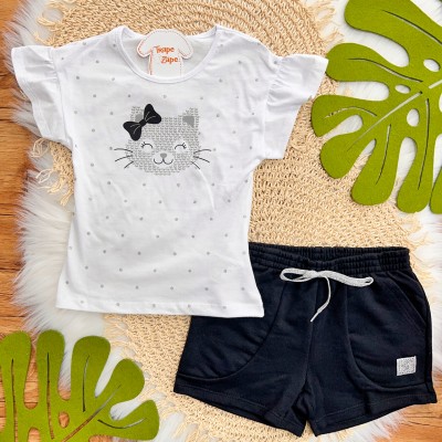 Conj. Blusa Cat e Short em Moletinho - Branco e Preto